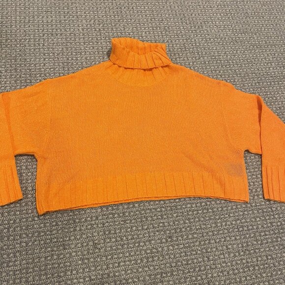H&M Sweater Womens XL Cropped Turtle Neck Neon Orange Knit Ribbed Long Sleeve - Picture 1 of 7